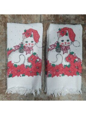 Vintage Kitchen Hand Towels Christmas Themed White Kitty Cat Santa Hat Red Poins